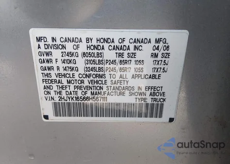 2006 Honda Ridgeline Rtl из США, поврежденный, VIN 2HJYK16566H567111